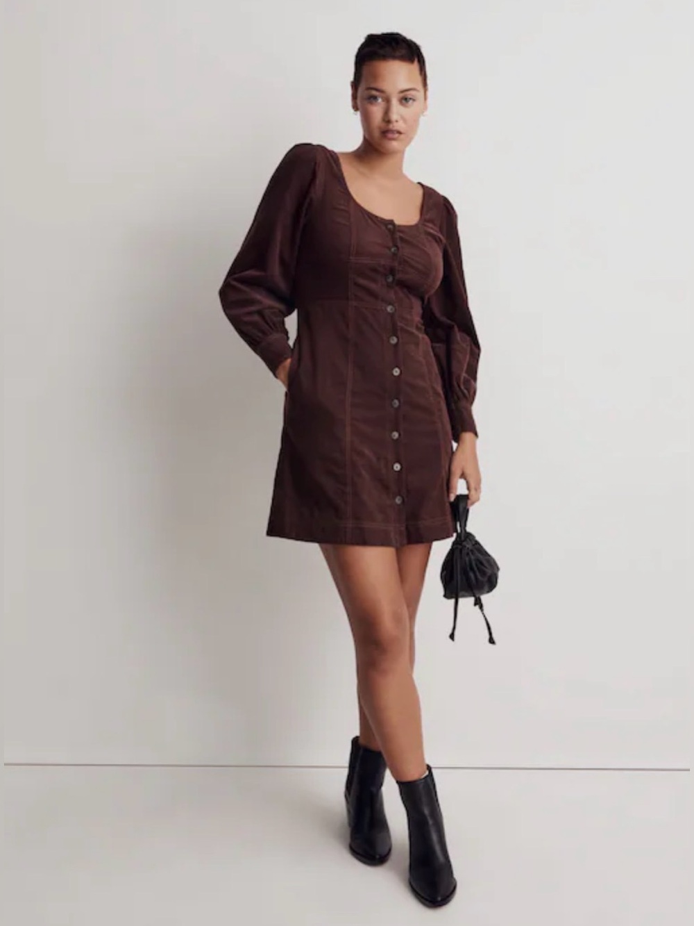 Madewell Corduroy Seamed Long-Sleeve Mini Dress in Chocolate, Size 0